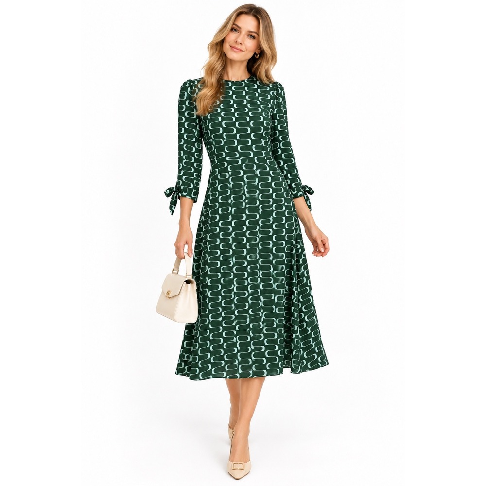 Reformation Midi Dress Womens 6 Green Geometric Mod Retro 70s Tie Cuff A-Line